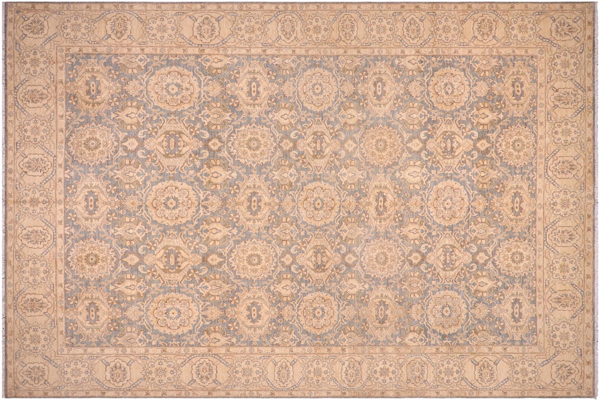10x14 hand knotted transitional wool rug in blue and tan - Eclectic Dallas