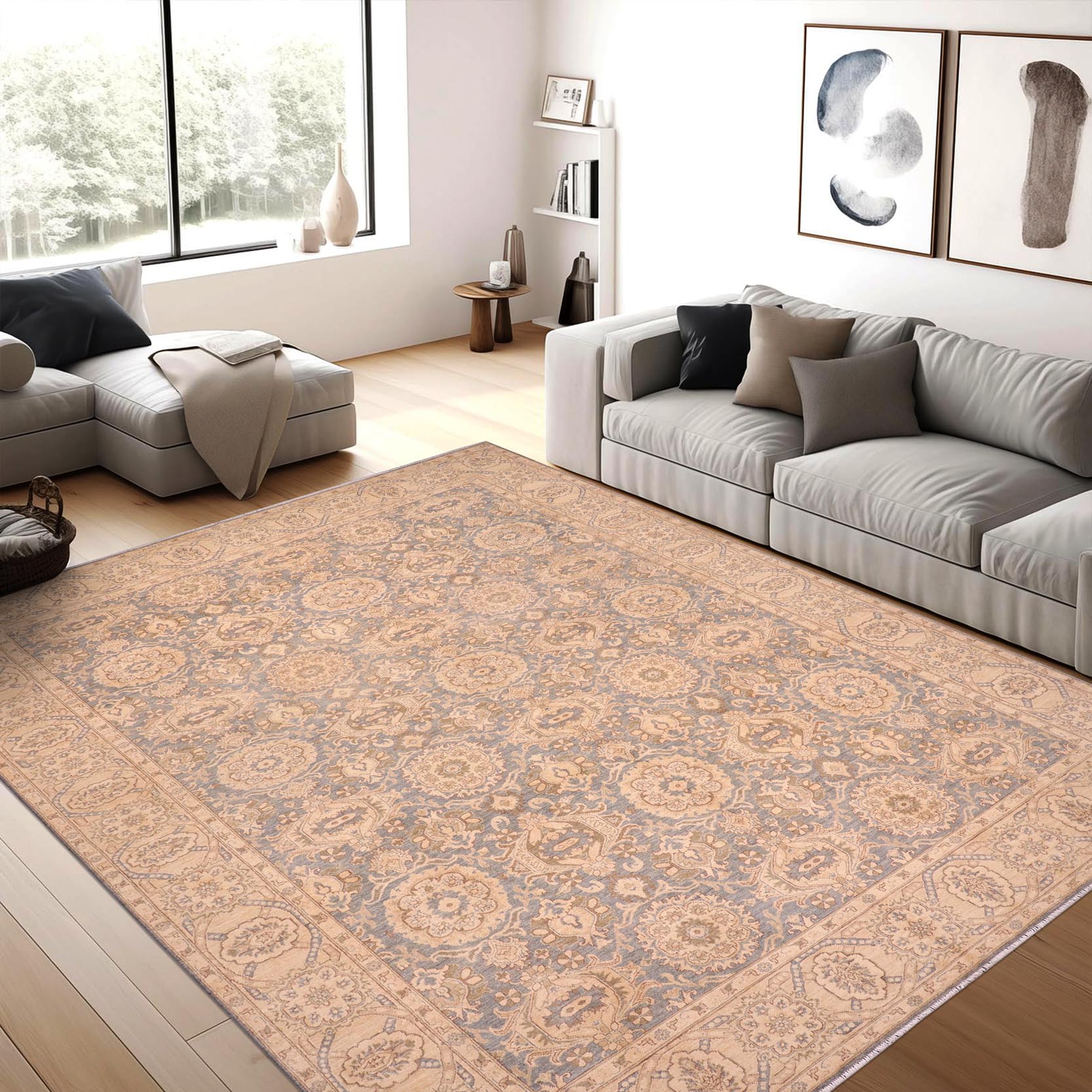 handmade Transitional Kafkaz Blue Tan Hand Knotted RECTANGLE 100% WOOL area rug 10' x 14'