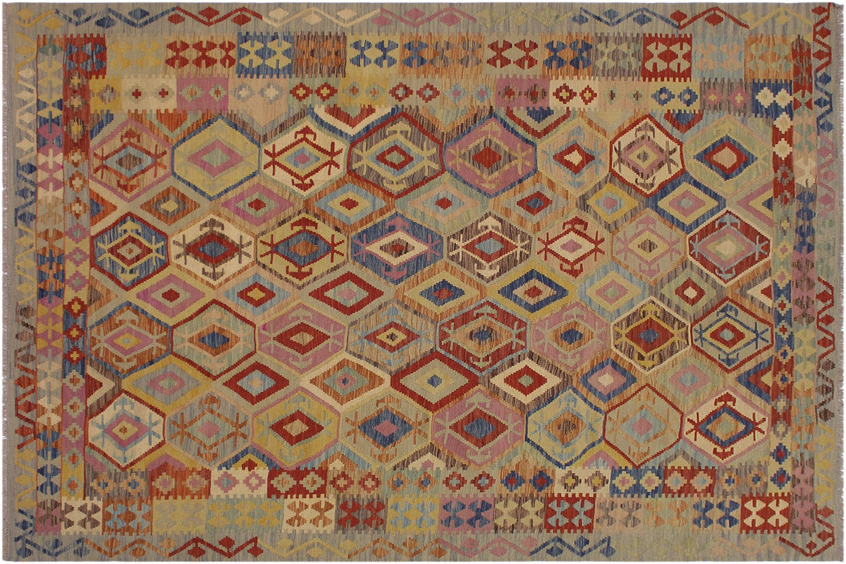 7x9 hand woven Turkish Kilim wool rug in blue and tan - Tribal Terence Turkish