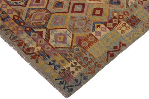 handmade Geometric Kilim Blue Tan Hand-Woven RECTANGLE 100% WOOL area rug 7 x 9