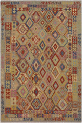 Flat Weave Kilim Antique Navaho Vintage handmade Geometric Kilim Blue Tan Hand-Woven Rectangle 100% Wool Area Rug 7x9 