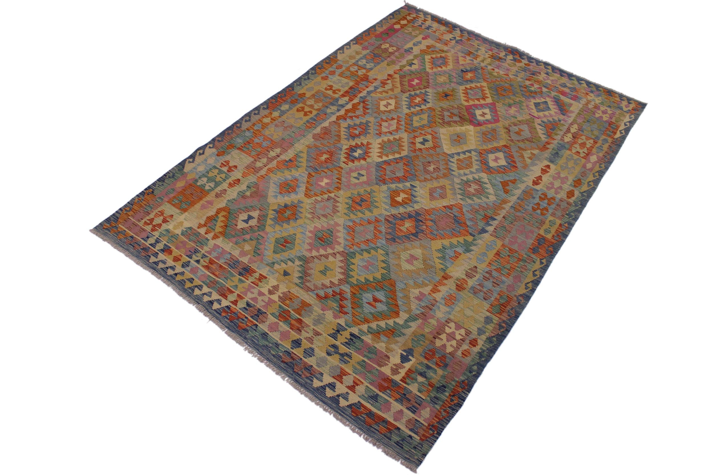 handmade Geometric Kilim Blue Beige Hand-Woven RECTANGLE 100% WOOL area rug 7 x 10