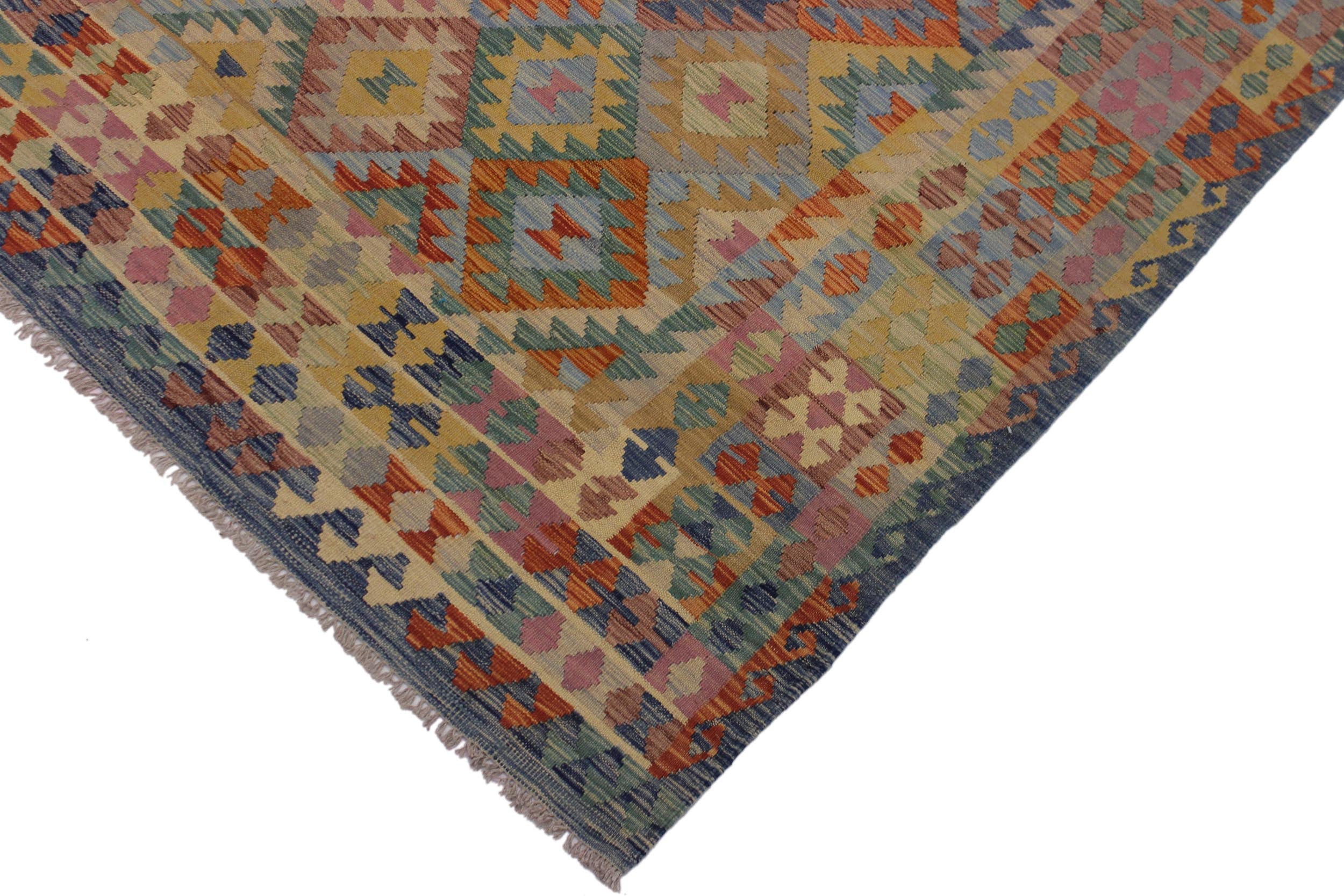 handmade Geometric Kilim Blue Beige Hand-Woven RECTANGLE 100% WOOL area rug 7 x 10