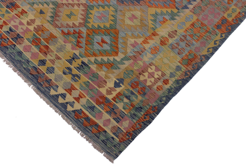 handmade Geometric Kilim Blue Beige Hand-Woven RECTANGLE 100% WOOL area rug 7 x 10