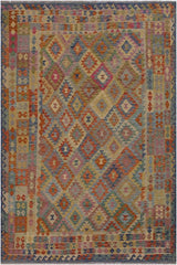 Flat Weave Kilim Antique Navaho Vintage handmade Geometric Kilim Blue Beige Hand-Woven Rectangle 100% Wool Area Rug 7x10 