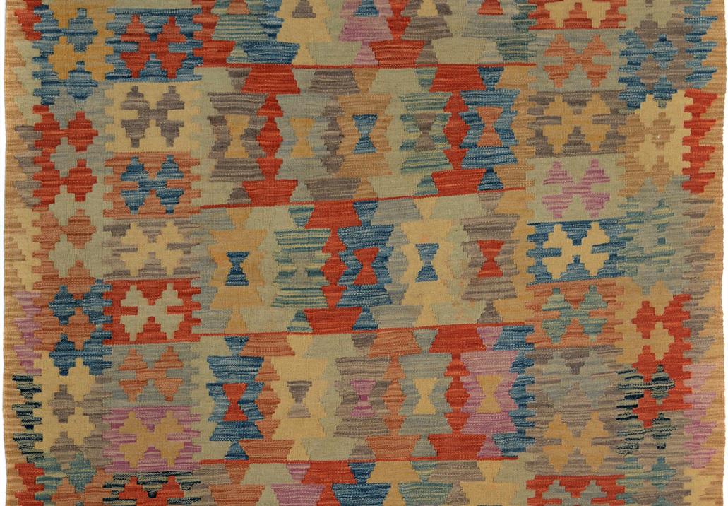 Flat Weave Kilim Antique Navaho Vintage handmade Geometric Kilim Tan Blue Hand-Woven Rectangle 100% Wool Area Rug 5x6 