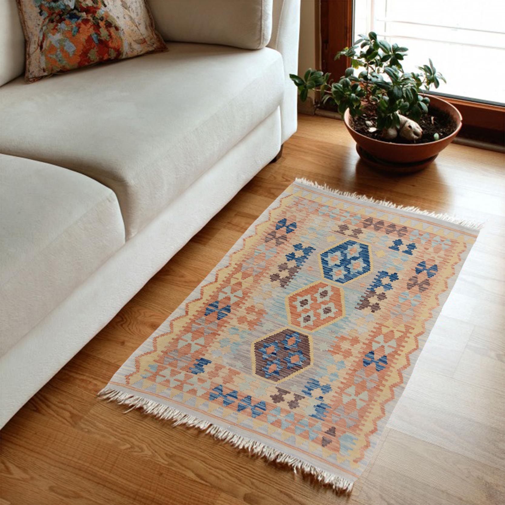 handmade Geometric Kilim Gray Blue Hand-Woven RECTANGLE 100% WOOL area rug 3' x 5'