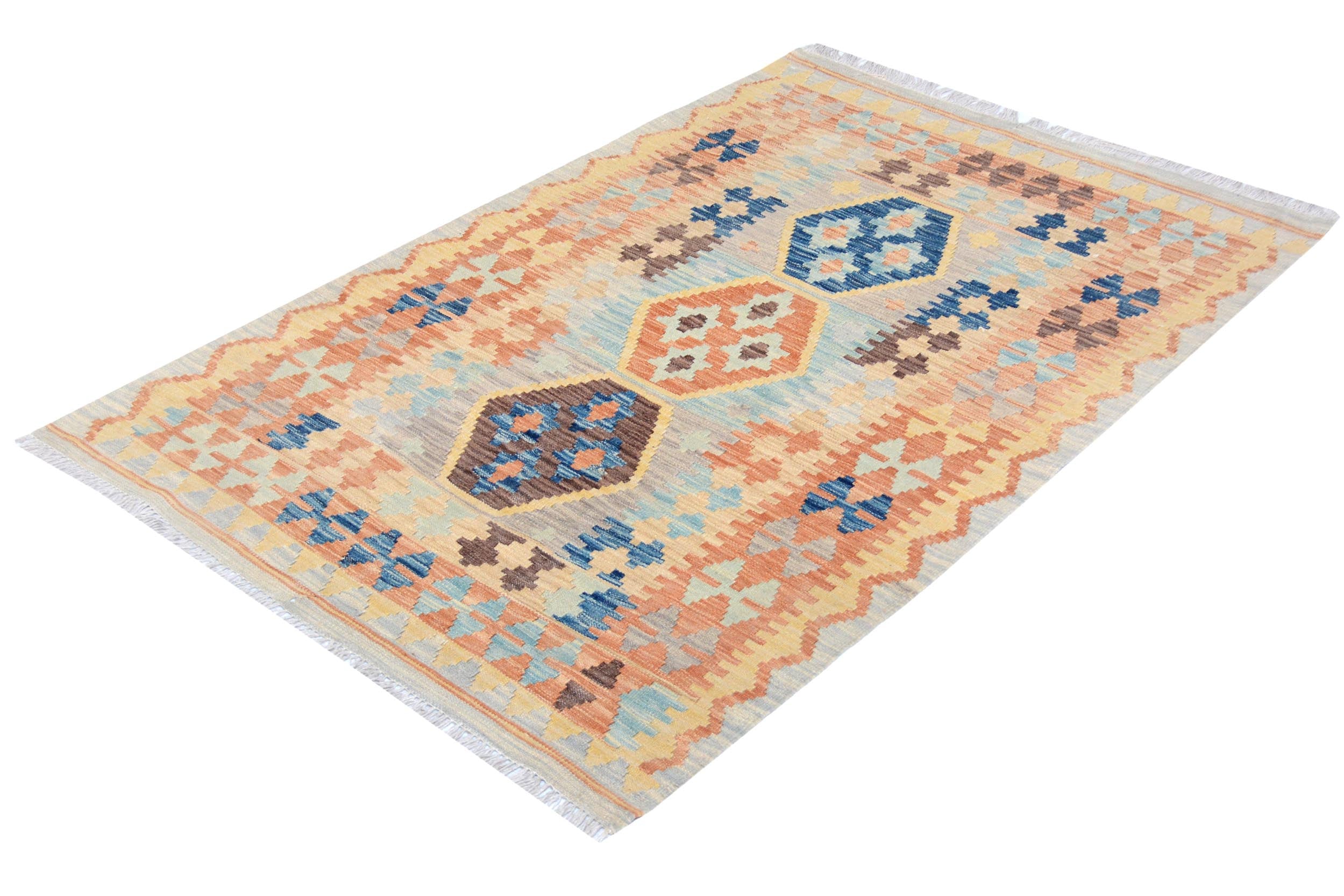 handmade Geometric Kilim Gray Blue Hand-Woven RECTANGLE 100% WOOL area rug 3' x 5'