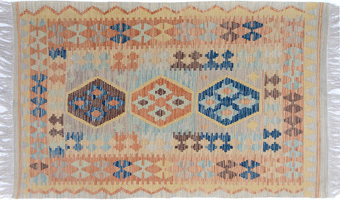 handmade Geometric Kilim Gray Blue Hand-Woven RECTANGLE 100% WOOL area rug 3' x 5'