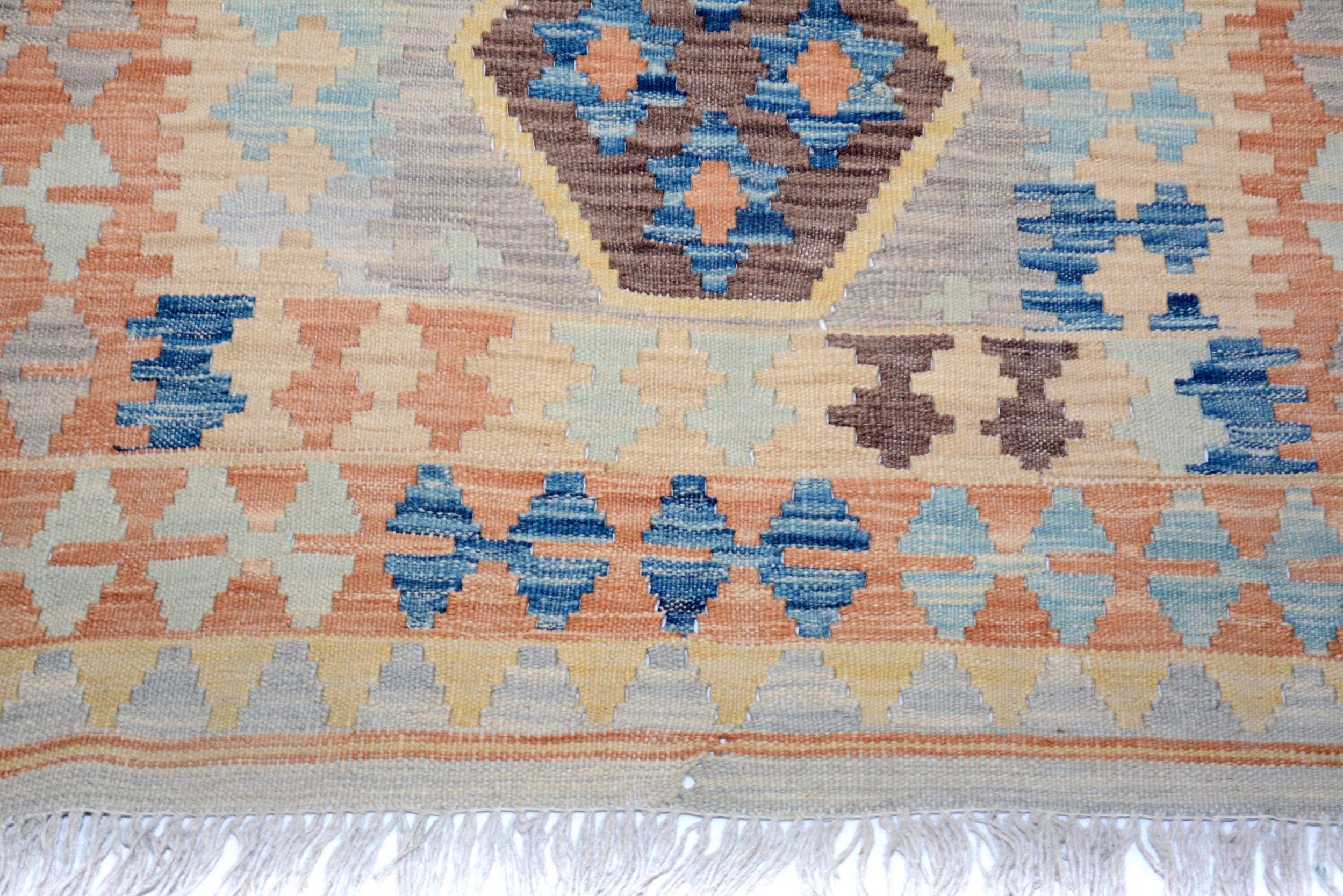 handmade Geometric Kilim Gray Blue Hand-Woven RECTANGLE 100% WOOL area rug 3' x 5'