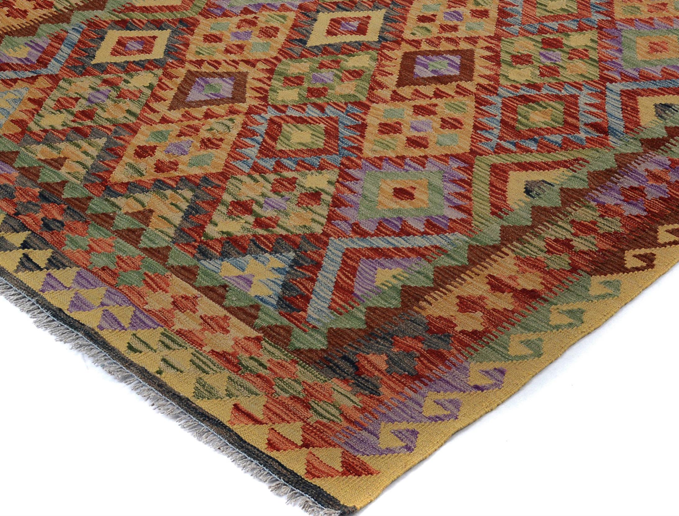 handmade Geometric Kilim Gold Red Hand-Woven RECTANGLE 100% WOOL area rug 5x6