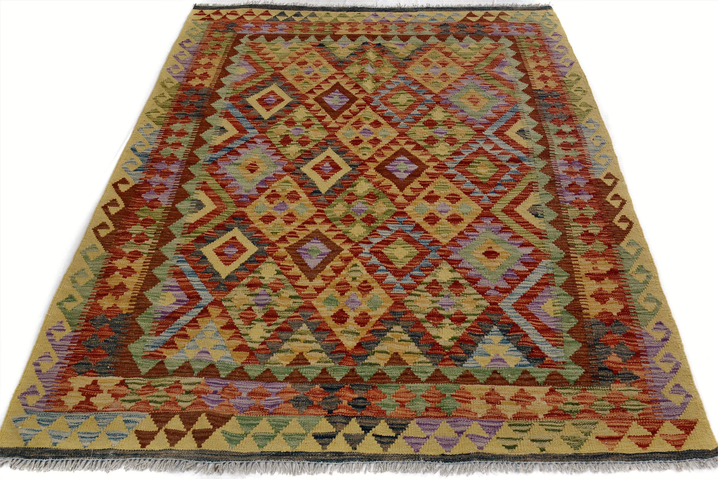 handmade Geometric Kilim Gold Red Hand-Woven RECTANGLE 100% WOOL area rug 5x6