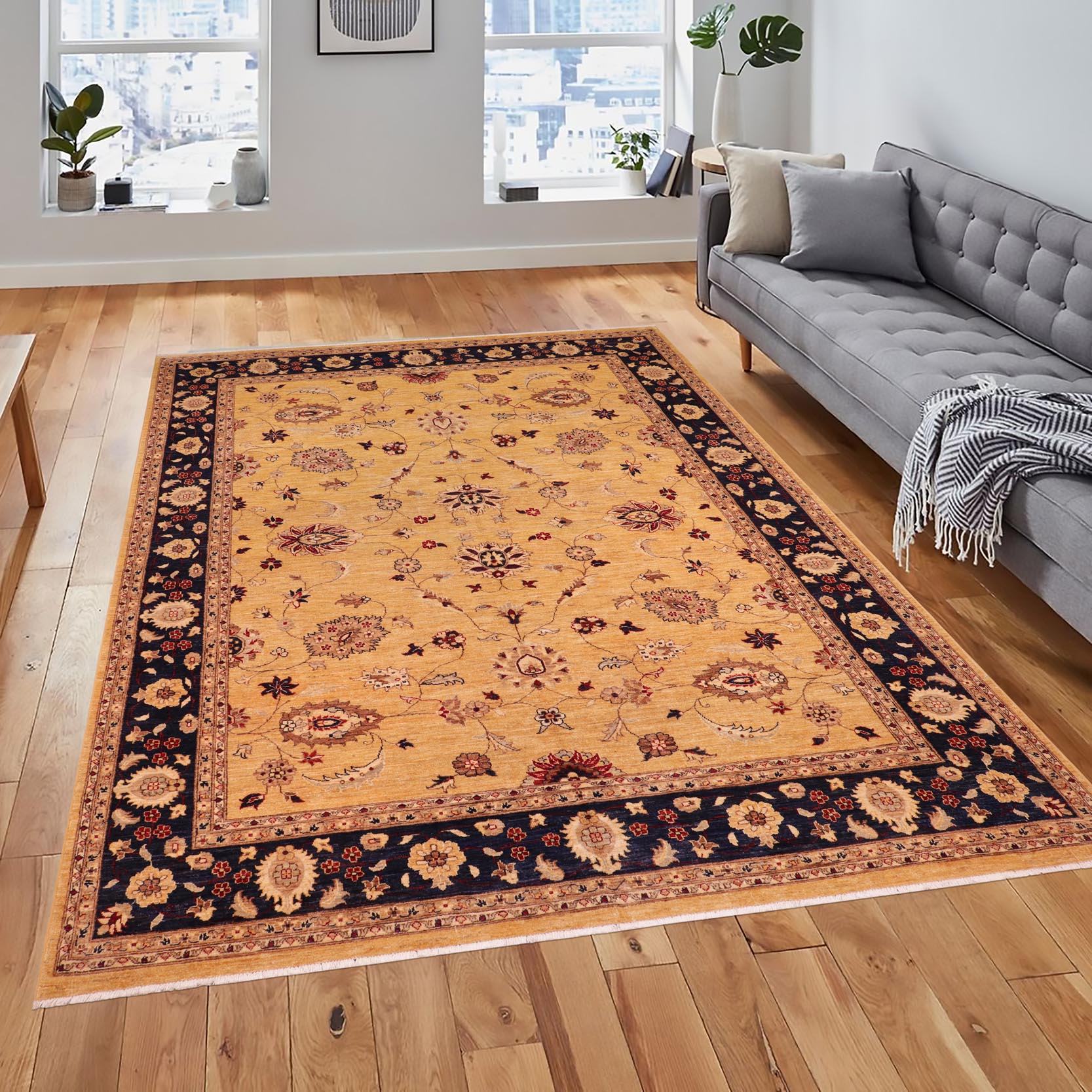 handmade Traditional Kafkaz Gold Blue Hand Knotted RECTANGLE 100% WOOL area rug 9x11