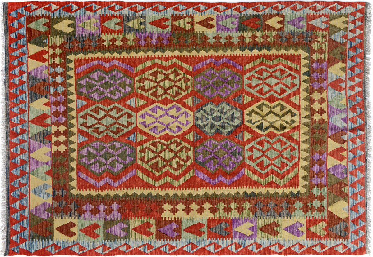5x7 hand woven Turkish Kilim wool rug in blue and red - Ethnic Bart Turkish