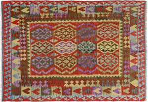 handmade Geometric Kilim Blue Red Hand-Woven RECTANGLE 100% WOOL area rug 5 x 7