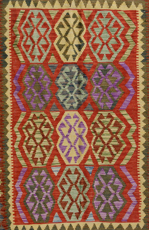 handmade Geometric Kilim Blue Red Hand-Woven RECTANGLE 100% WOOL area rug 5 x 7