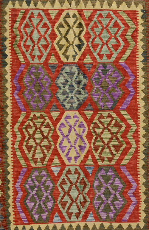 handmade Geometric Kilim Blue Red Hand-Woven RECTANGLE 100% WOOL area rug 5 x 7