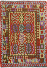 Flat Weave Kilim Antique Navaho Vintage handmade Geometric Kilim Blue Red Hand-Woven Rectangle 100% Wool Area Rug 5x7 