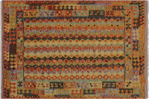 handmade Geometric Kilim Rust Blue Hand-Woven RECTANGLE 100% WOOL area rug 5 x 6