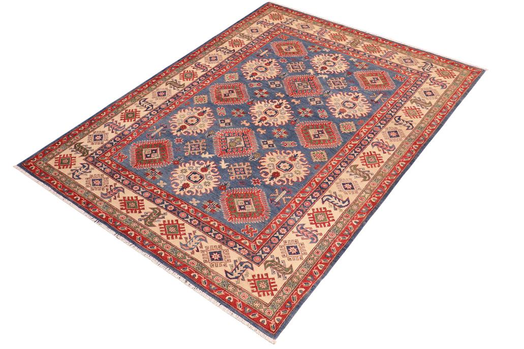handmade Geometric Kazak Blue Ivory Hand Knotted RECTANGLE 100% WOOL area rug 6' x 9'