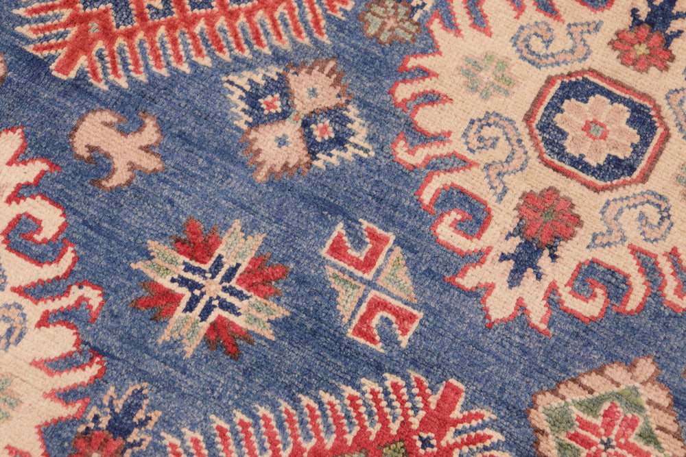 handmade Geometric Kazak Blue Ivory Hand Knotted RECTANGLE 100% WOOL area rug 6'X9'
