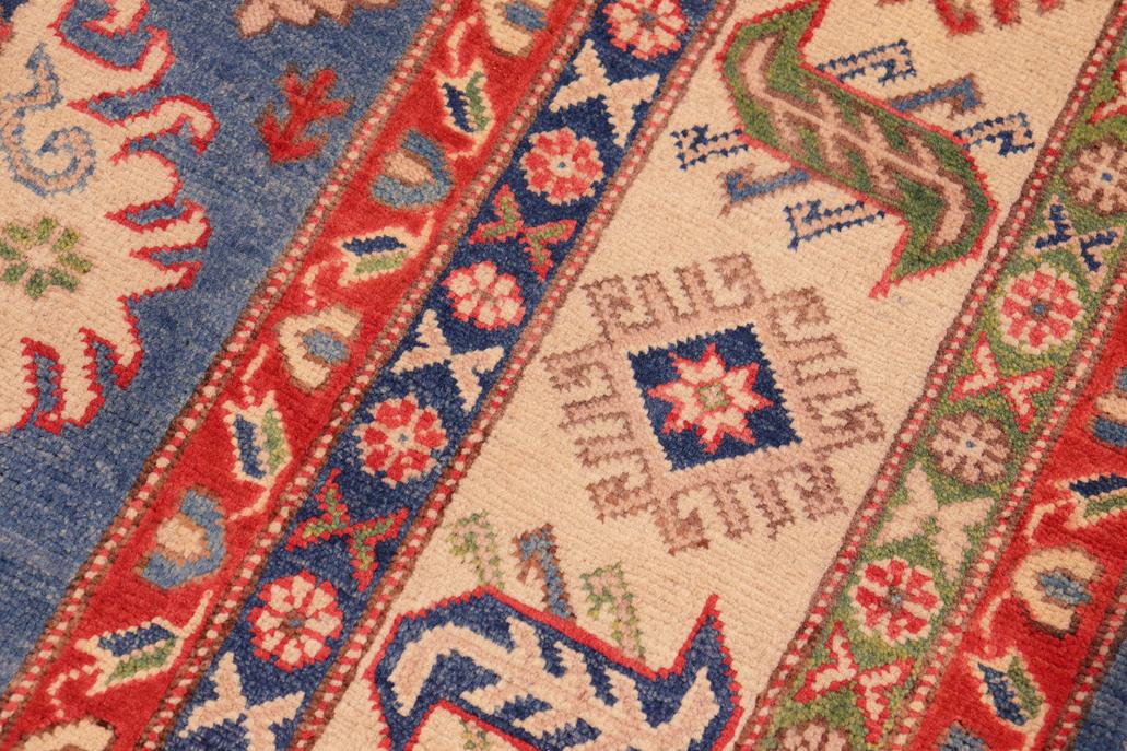 handmade Geometric Kazak Blue Ivory Hand Knotted RECTANGLE 100% WOOL area rug 6' x 9'