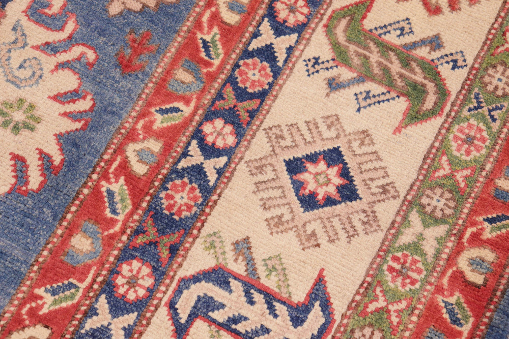 handmade Geometric Kazak Blue Ivory Hand Knotted RECTANGLE 100% WOOL area rug 6'X9'