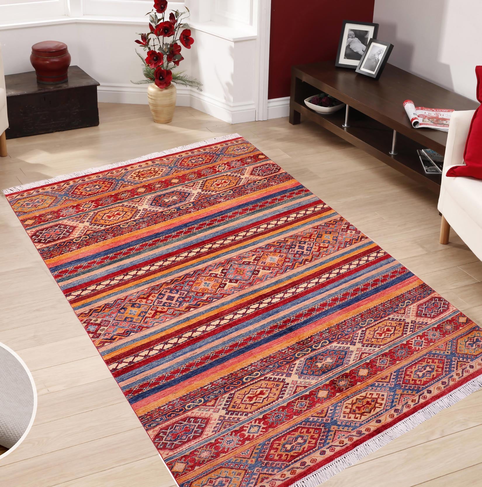 handmade Geometric Kurjean Red Blue Hand Knotted RECTANGLE 100% WOOL area rug 6x8