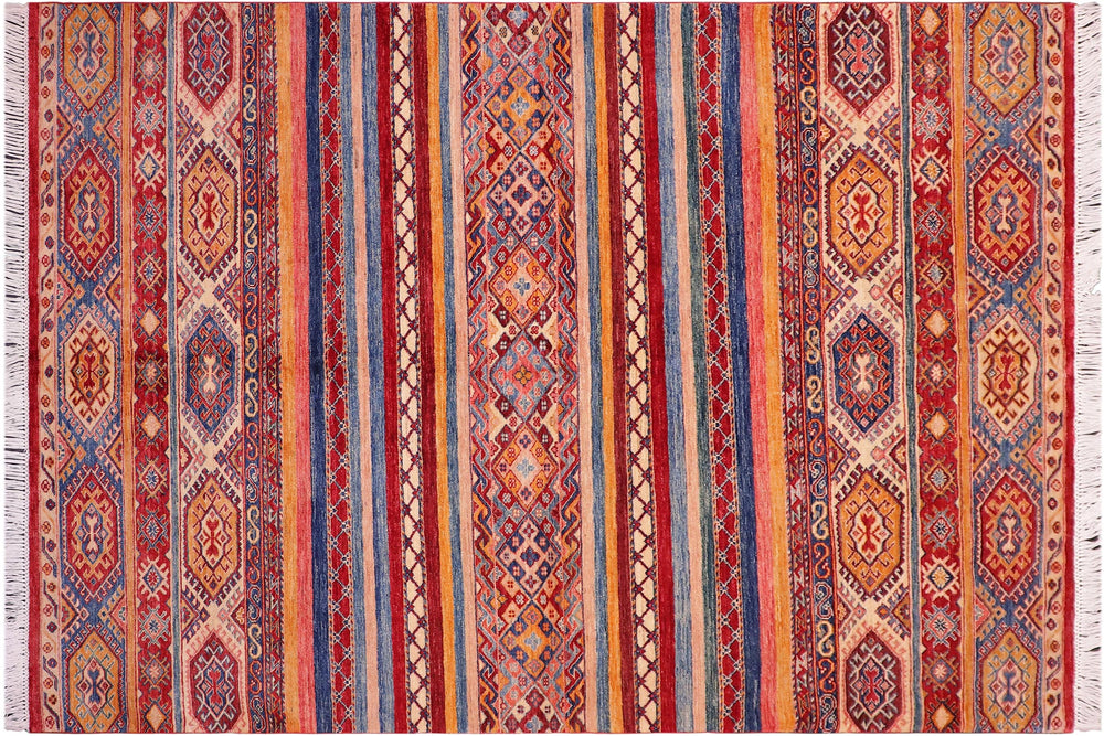 handmade Geometric Kurjean Red Blue Hand Knotted RECTANGLE 100% WOOL area rug 6x8