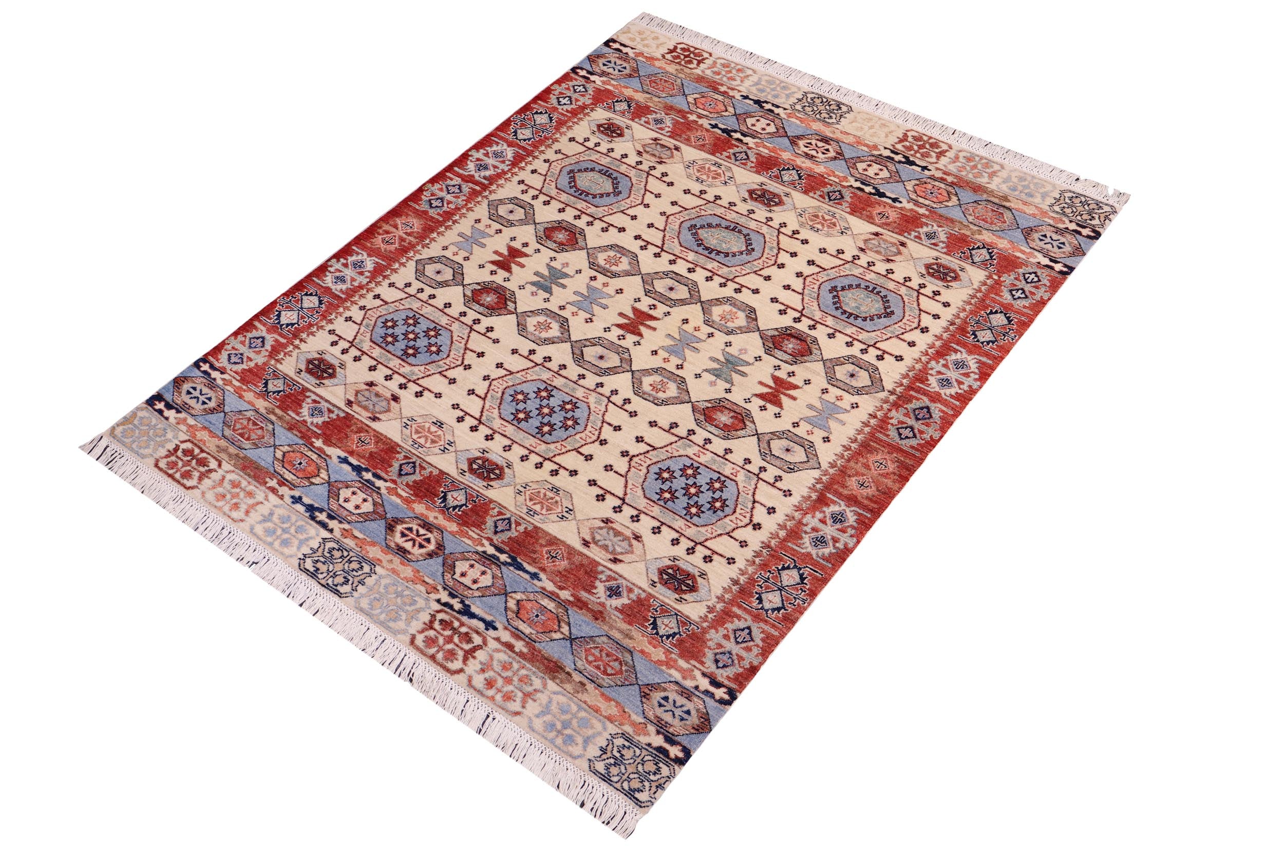 handmade Geometric Kurjean Ivory Red Hand Knotted RECTANGLE 100% WOOL area rug 5x7