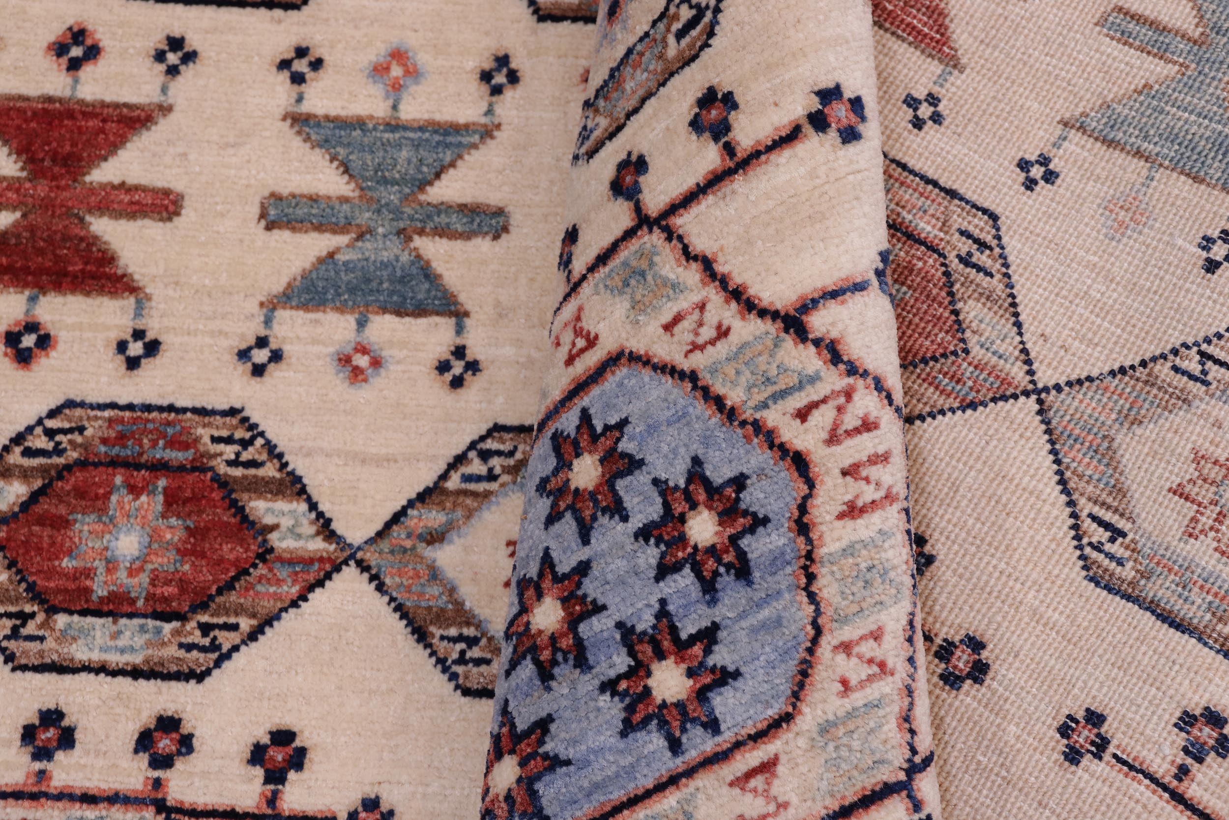 handmade Geometric Kurjean Ivory Red Hand Knotted RECTANGLE 100% WOOL area rug 5x7