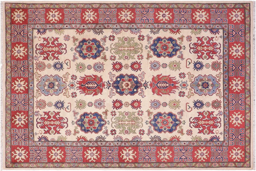 handmade Geometric Kazak Ivory Red Hand Knotted RECTANGLE 100% WOOL area rug 5x8