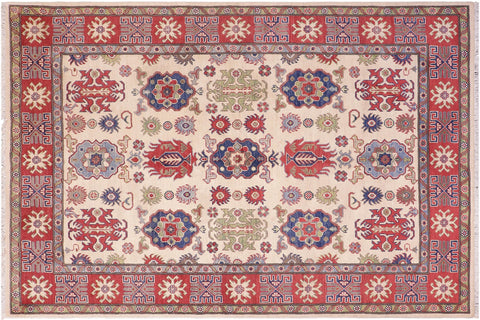 handmade Geometric Kazak Ivory Red Hand Knotted RECTANGLE 100% WOOL area rug 5x8