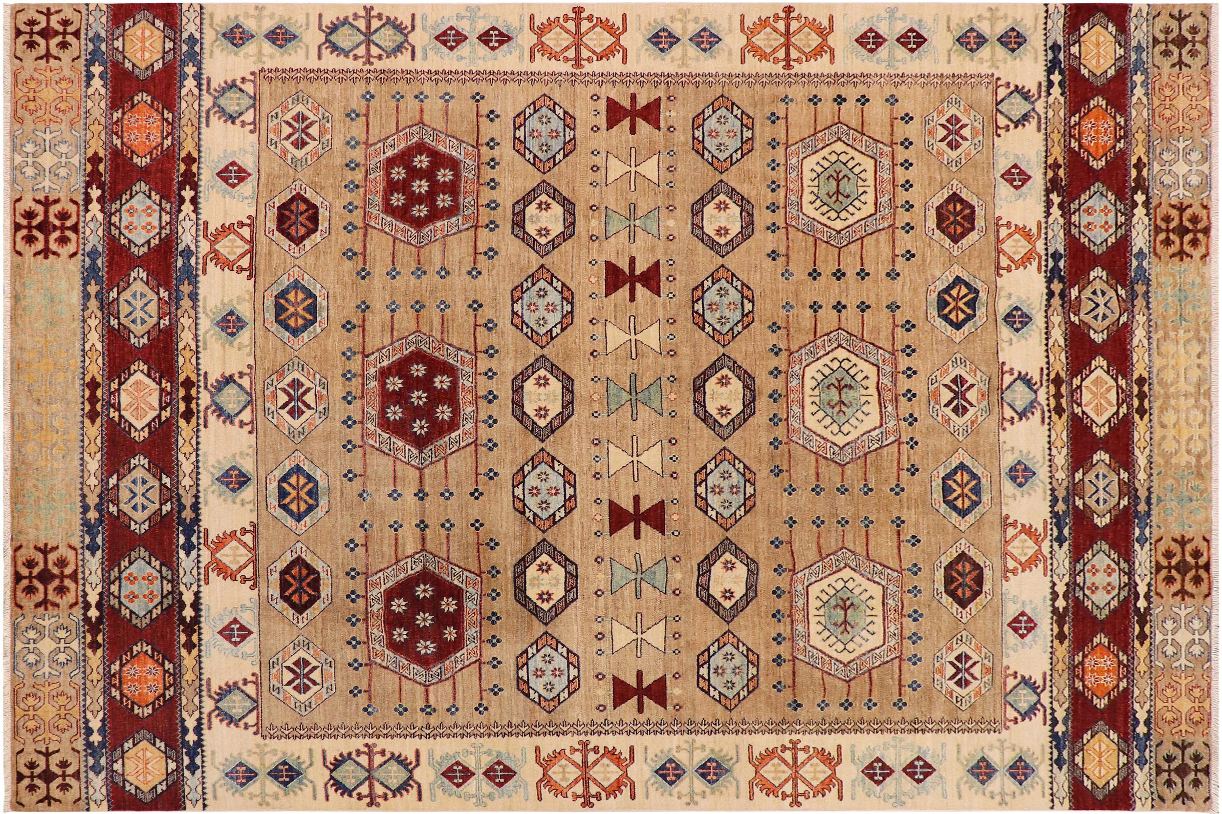 handmade Geometric Kurjean Tan Rust Hand Knotted RECTANGLE 100% WOOL area rug 8x10