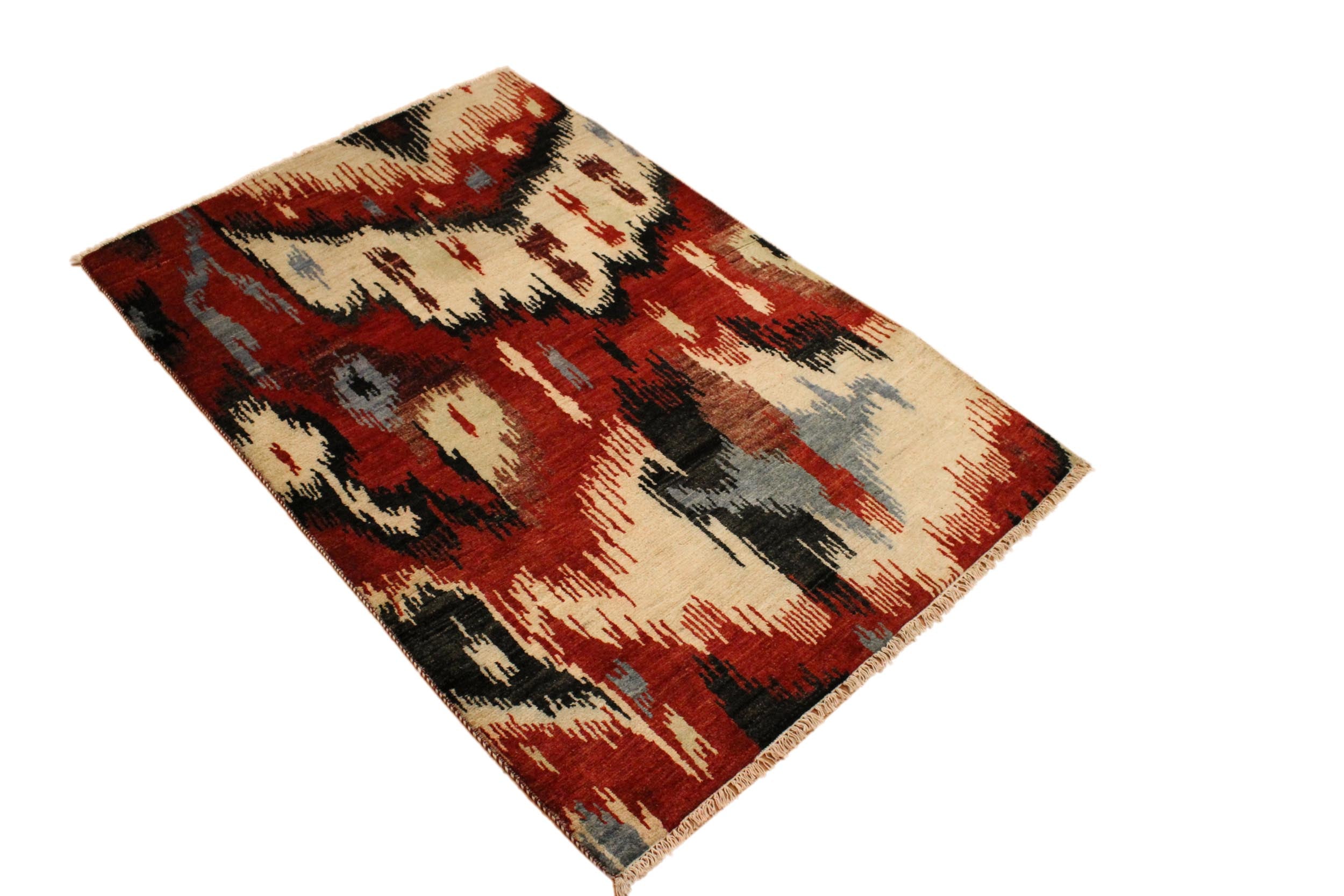 handmade Modern Ikat Red Ivory Hand Knotted RECTANGLE 100% WOOL area rug 4' x 6'