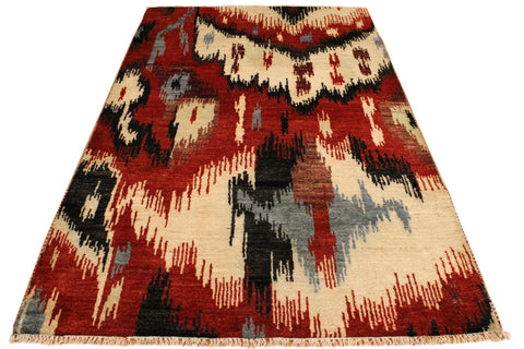 handmade Modern Ikat Red Ivory Hand Knotted RECTANGLE 100% WOOL area rug 4' x 6'