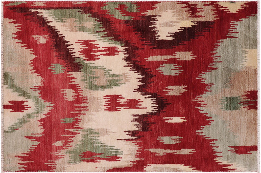 handmade Modern Ikat Red Brown Hand Knotted RECTANGLE 100% WOOL area rug 3' x 4'