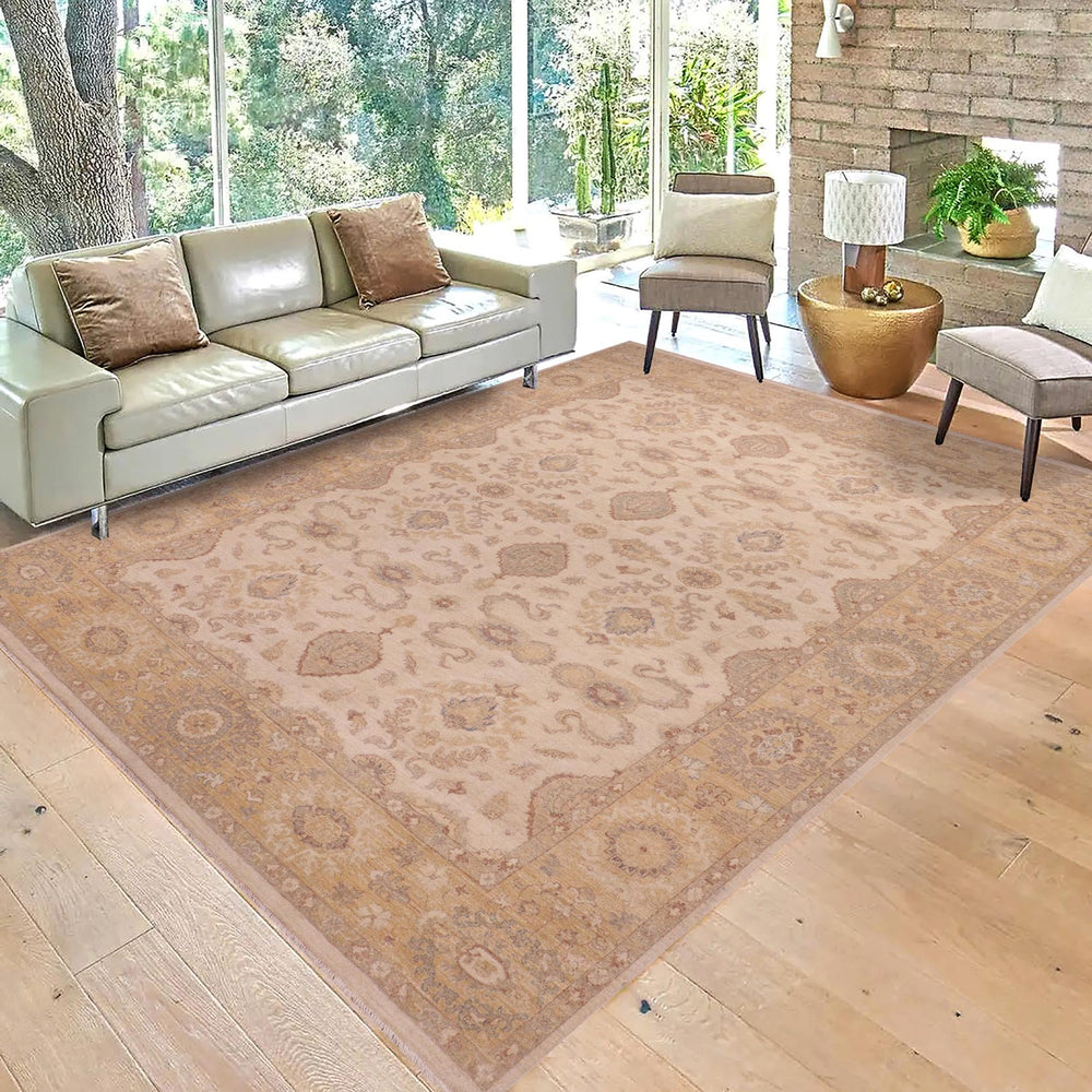 handmade Transitional Kafkaz Beige Lt. Gold Hand Knotted RECTANGLE 100% WOOL area rug 9' x 12'