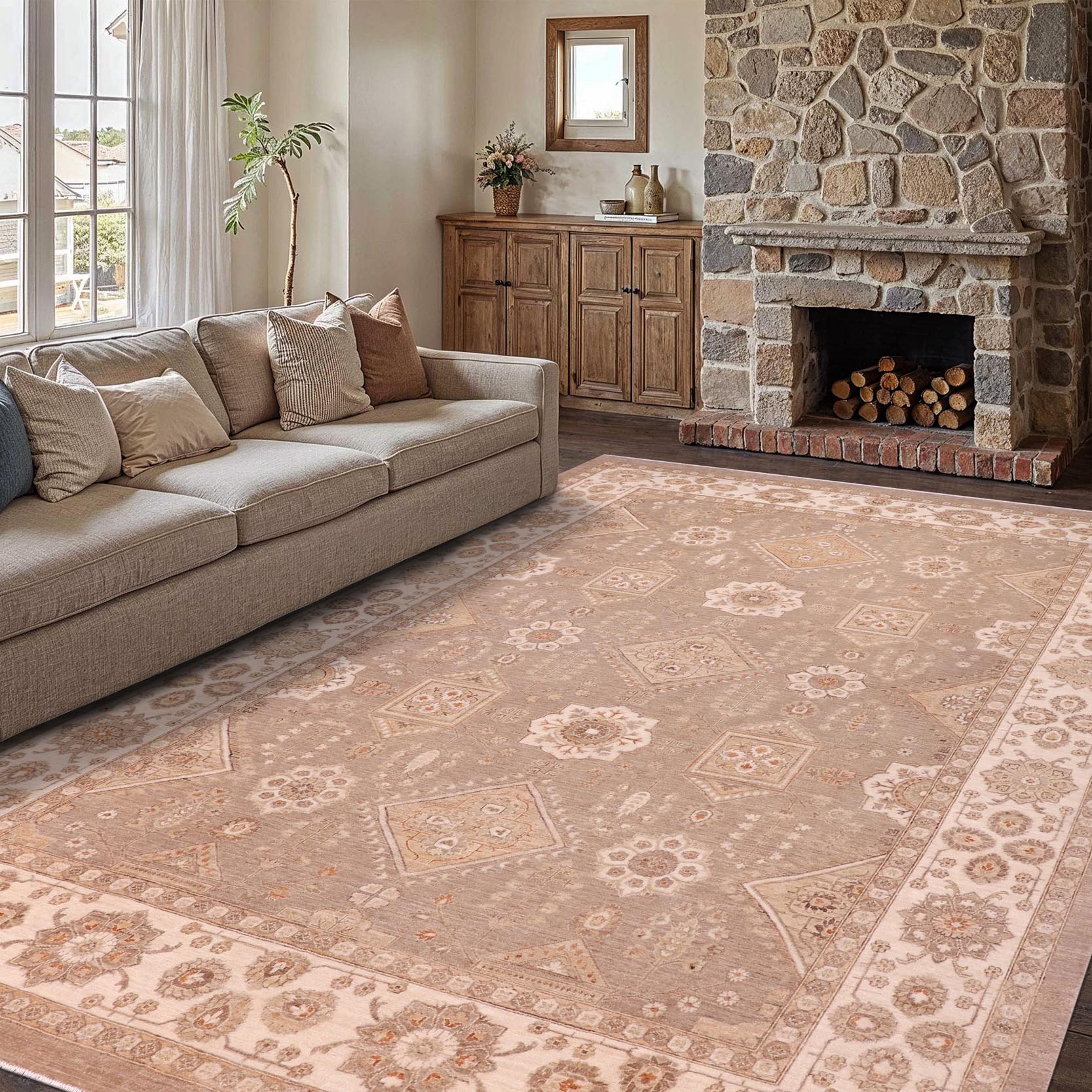 handmade Traditional Kafkaz Tan Ivory Hand Knotted RECTANGLE 100% WOOL area rug 10x14