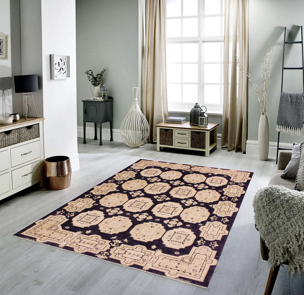 handmade Transitional Kafkaz Blue Tan Hand Knotted RECTANGLE 100% WOOL area rug 5' x 8'