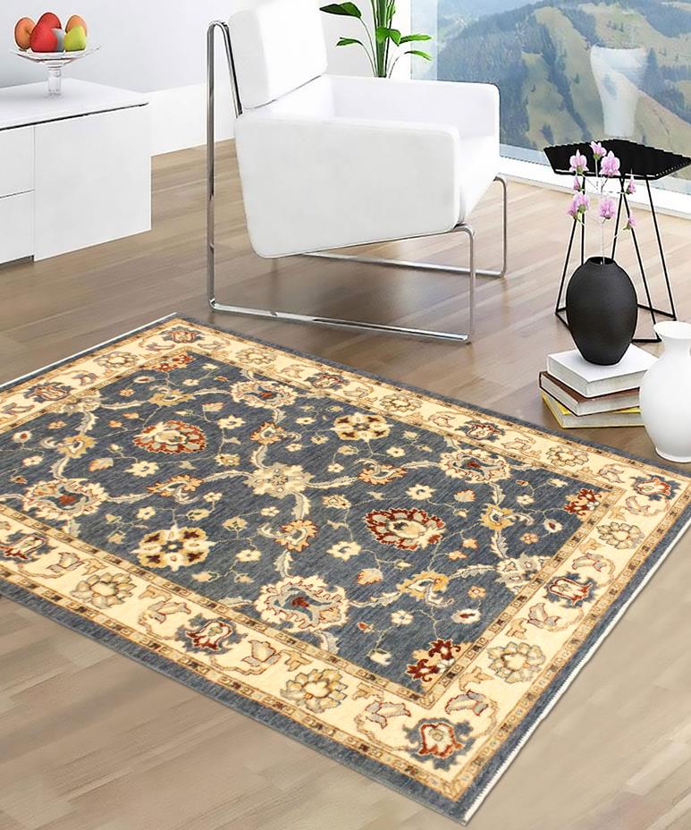 handmade Transitional Kafkaz Blue Ivory Hand Knotted RECTANGLE 100% WOOL area rug 4 x 6