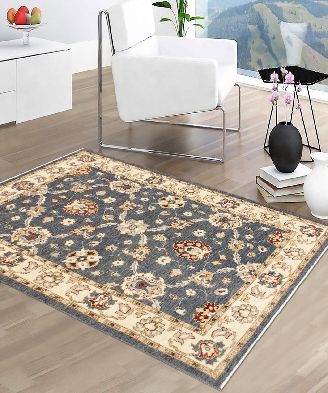 handmade Traditional Kafkaz Blue Ivory Hand Knotted RECTANGLE 100% WOOL area rug 4x6