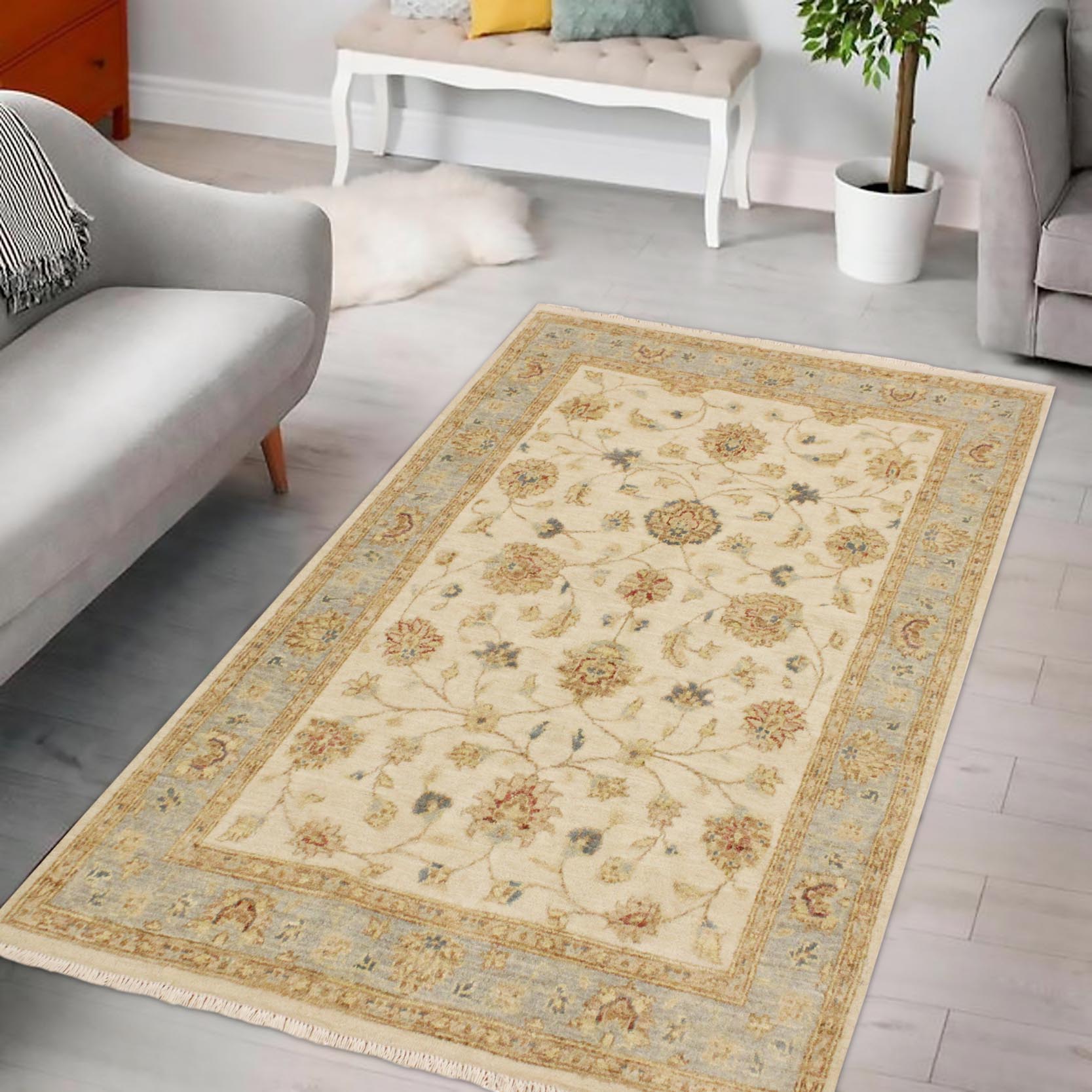 handmade Traditional Kafkaz Ivory Blue Hand Knotted RECTANGLE 100% WOOL area rug 4x6
