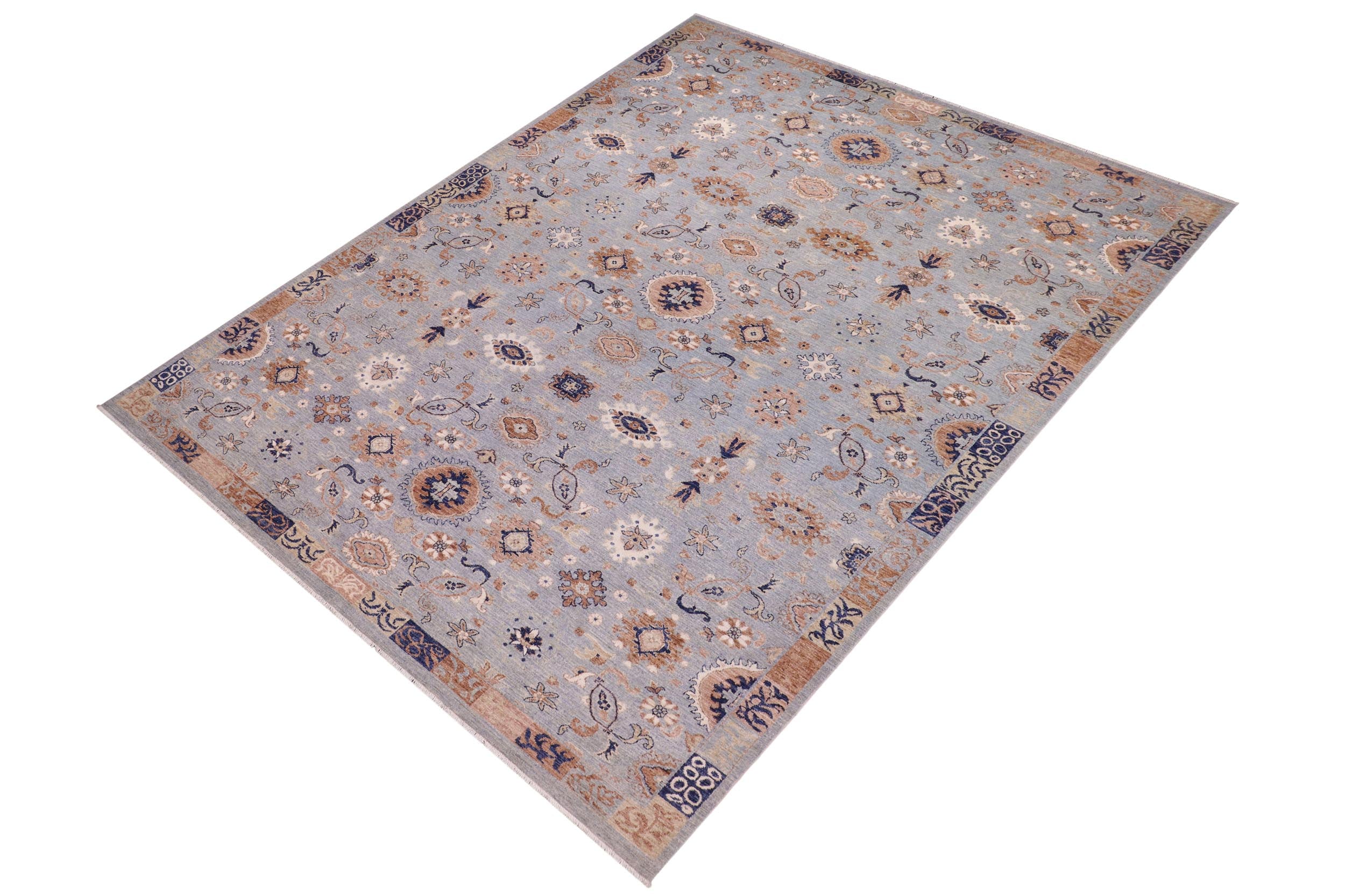 handmade Modern Kafkaz Blue Tan Hand Knotted RECTANGLE 100% WOOL area rug 9' x 12'