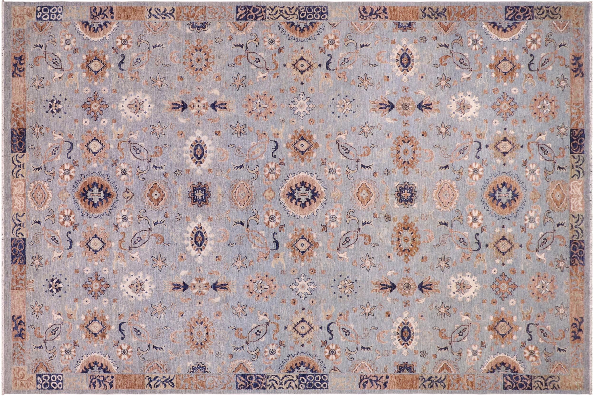 handmade Modern Kafkaz Blue Tan Hand Knotted RECTANGLE 100% WOOL area rug 9' x 12'