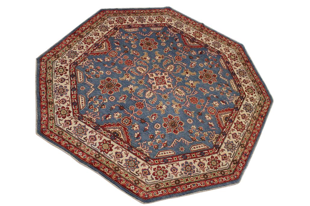 handmade Geometric Kazak Blue Ivory Hand Knotted OCTAGON 100% WOOL area rug 8x8
