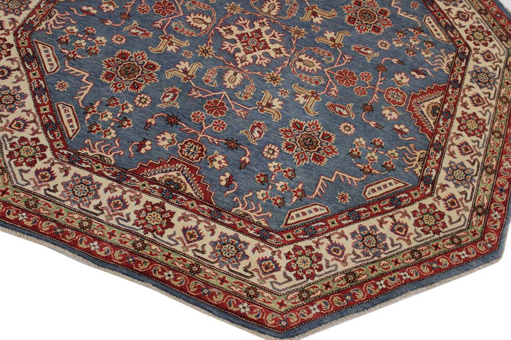 handmade Geometric Kazak Blue Ivory Hand Knotted OCTAGON 100% WOOL area rug 8x8