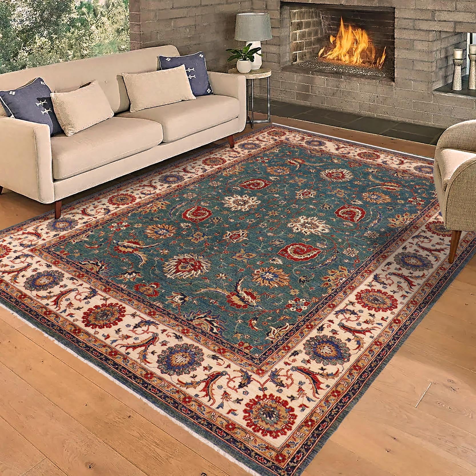 handmade Traditional Kafkaz Green Ivory Hand Knotted RECTANGLE 100% WOOL area rug 9x11
