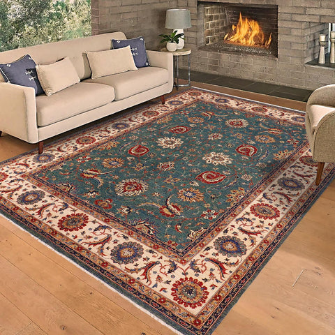 handmade Traditional Kafkaz Green Ivory Hand Knotted RECTANGLE 100% WOOL area rug 9x11