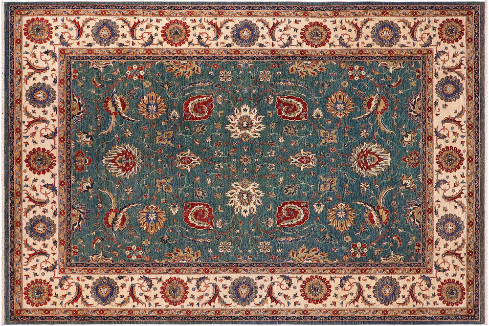 handmade Traditional Kafkaz Green Ivory Hand Knotted RECTANGLE 100% WOOL area rug 9x11